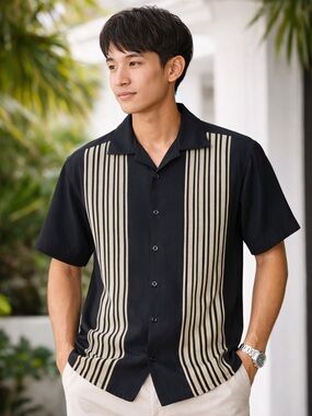 J. Campbell Los Angeles Silk Shirt Mens S Black Tan Striped Short Sleeve Button